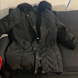 Ashro Black Puffer Coat with Fur Collar